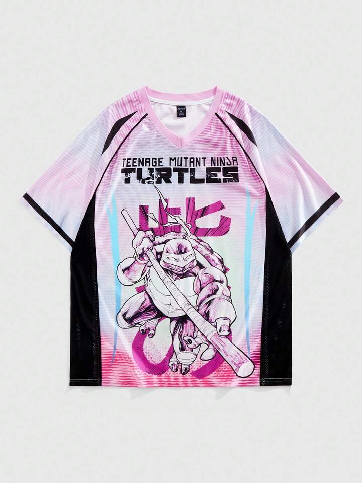 TEENAGE MUTANT NINJA TURTLES X ROMWE Men's Summer Cartoon And Slogan Graphic Ombre Colorblock Raglan Short Sleeve T-Shirt