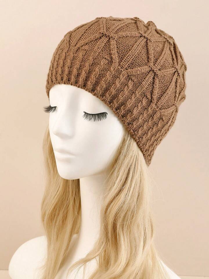 1pc Ladies' Khaki Single-layer Knit Beanie Hat With Twisted Pattern, Warm And Fashionable