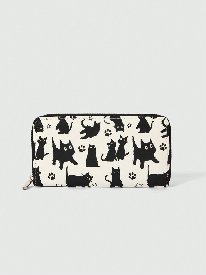 Kawaii 1pc Cute Cat Design Zipper Wallet With Bow Decor, Ladies Coin Purse