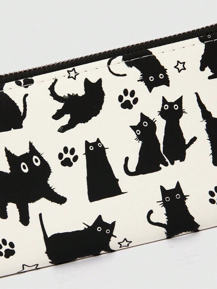 Kawaii 1pc Cute Cat Design Zipper Wallet With Bow Decor, Ladies Coin Purse