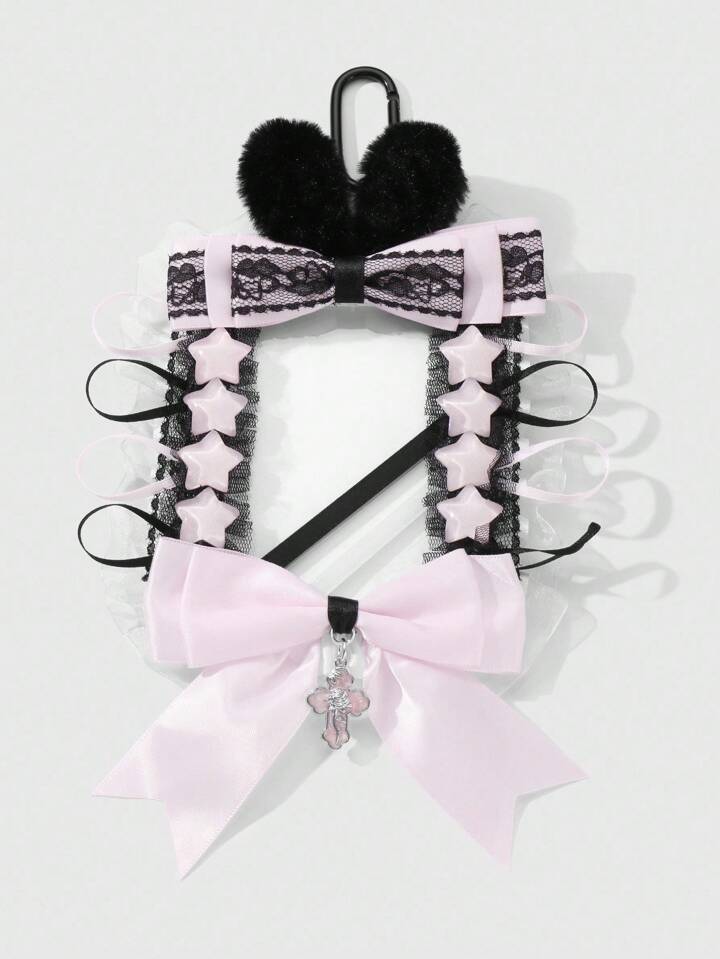 Kawaii 1pc Cute & Sweet Personalized Fashion High-Quality Pink Resin Glitter Star Lace Ribbon Mesh Bow Plush Rabbit Lace Rose Cross Big Card Holder Keychain Bag Pendant, Suitable For Office Workers, Students, Daily Wear, Holiday Gift