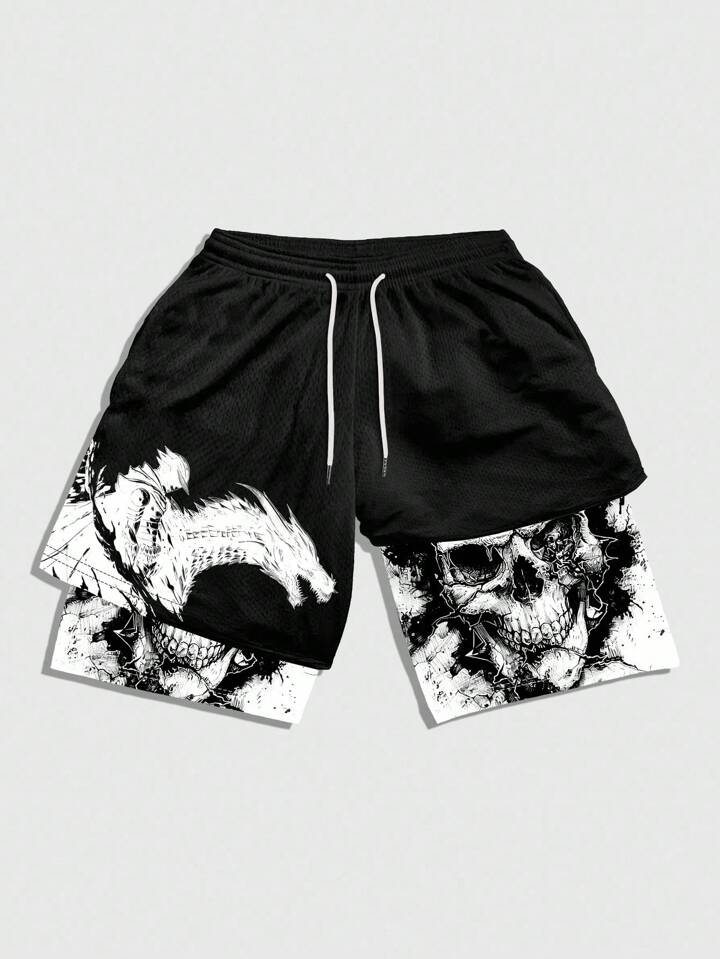 Anime Plus Size Women Animal Print Drawstring Waist Casual Layered Shorts