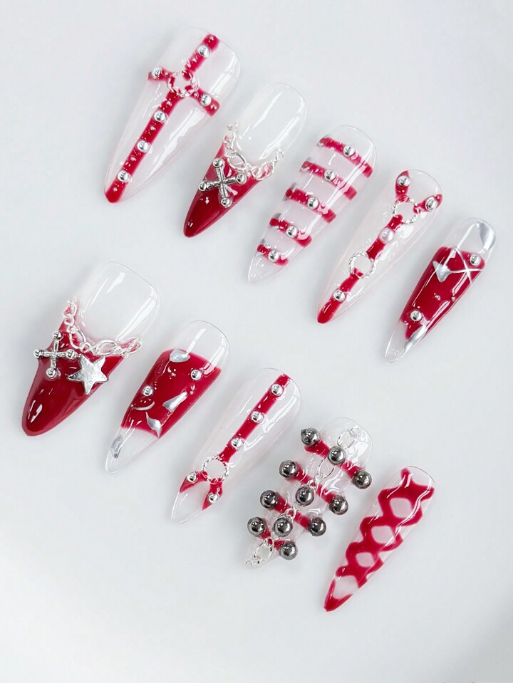 Kawaii 10pcs High-Quality Handmade False Nails With Dark Punk Style + 3pcs Double Sided Tape For Y2K Gothic Nail Art, Removable And Decorated With Faux Pearl Chains, Suitable For Festival, Party, Dance And Daily Wear, Halloween