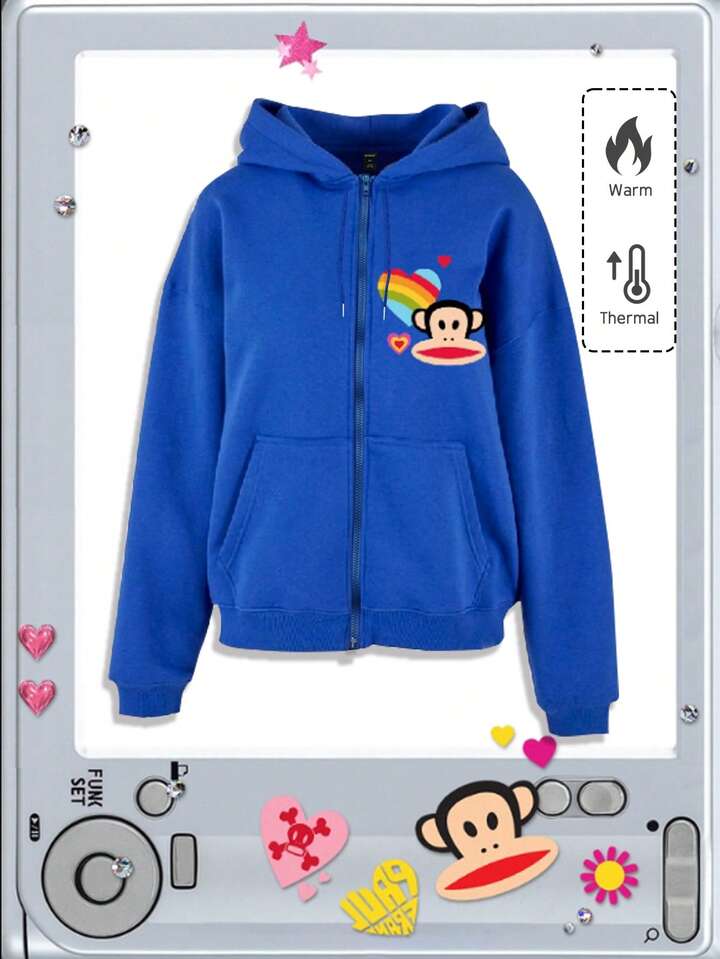 Paul Frank X ROMWE Men's Cartoon Pattern Pocket Zip-Up Hooded Sweatshirt , Fall Winter
