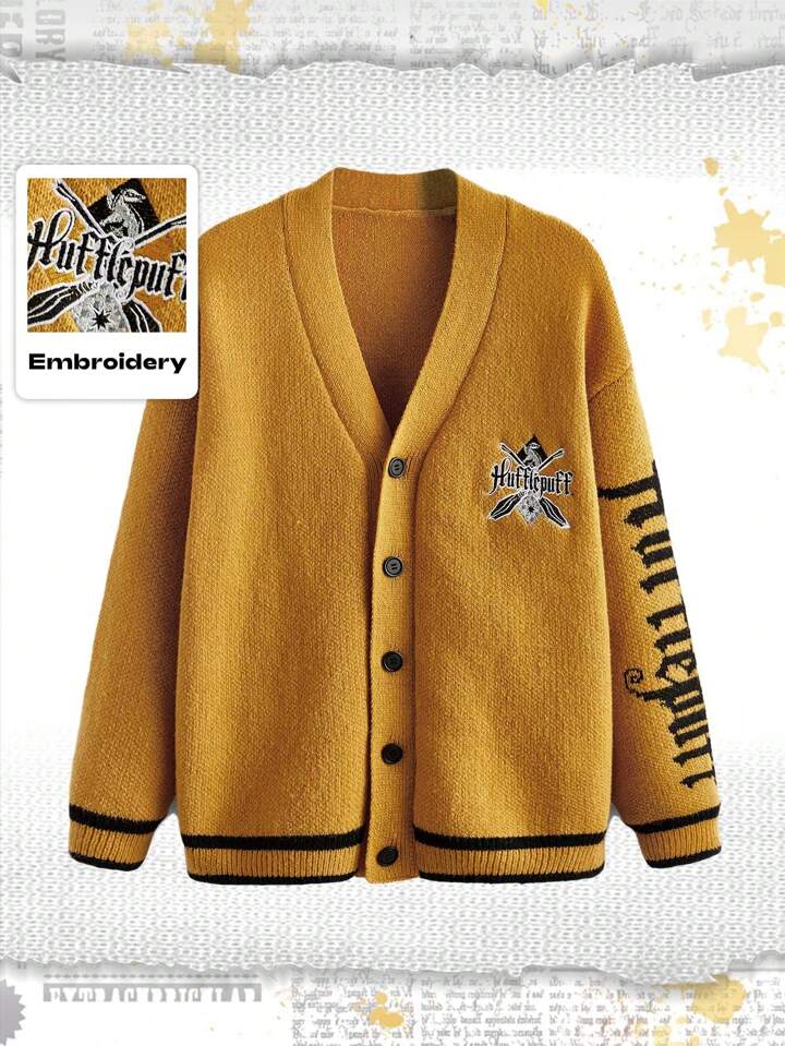 Harry Potter | ROMWE Plus Size Buttoned Front Cardigan With Letter Embroidery And Drop Shoulders, School