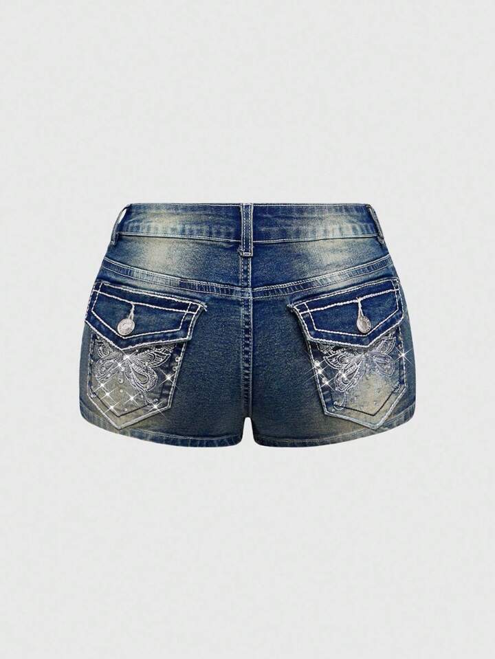 J-Fashion Y2K Style Distressed Butterfly Embroidery Rhinestone Embellished Plus Size Low Waist Super Short Denim Shorts