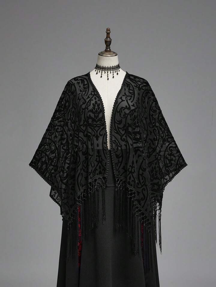 Plus Size Women Gothic Retro Flocked Texture Asymmetrical Fringe Hem Cardigan Blouse, Seamless Shoulder
