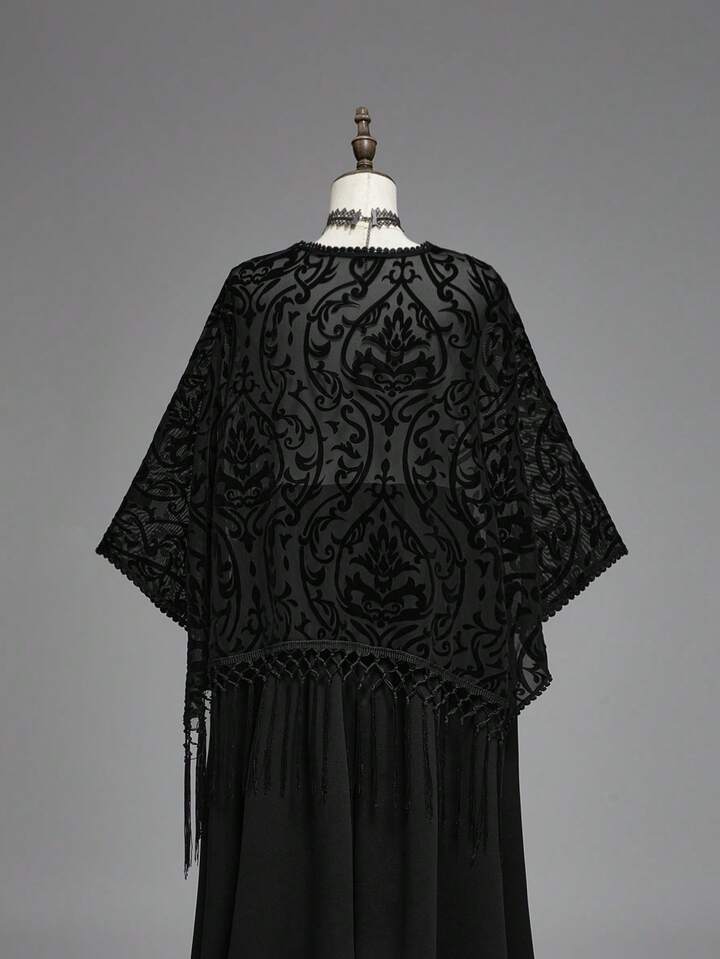 Plus Size Women Gothic Retro Flocked Texture Asymmetrical Fringe Hem Cardigan Blouse, Seamless Shoulder 2 Plus Size Women Gothic Retro Flocked Texture Asymmetrical Fringe Hem Cardigan Blouse, Seamless Shoulder