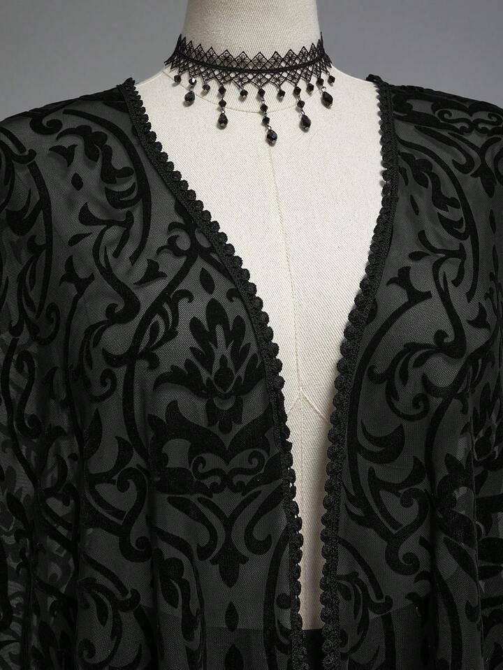 Plus Size Women Gothic Retro Flocked Texture Asymmetrical Fringe Hem Cardigan Blouse, Seamless Shoulder 3 Plus Size Women Gothic Retro Flocked Texture Asymmetrical Fringe Hem Cardigan Blouse, Seamless Shoulder