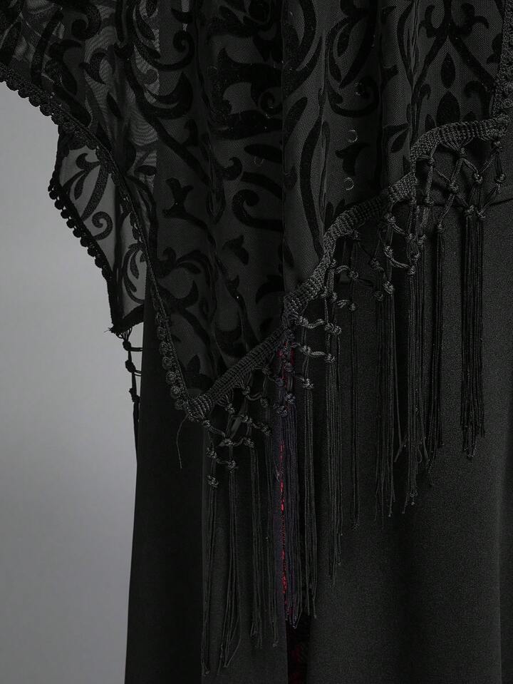 Plus Size Women Gothic Retro Flocked Texture Asymmetrical Fringe Hem Cardigan Blouse, Seamless Shoulder 4 Plus Size Women Gothic Retro Flocked Texture Asymmetrical Fringe Hem Cardigan Blouse, Seamless Shoulder
