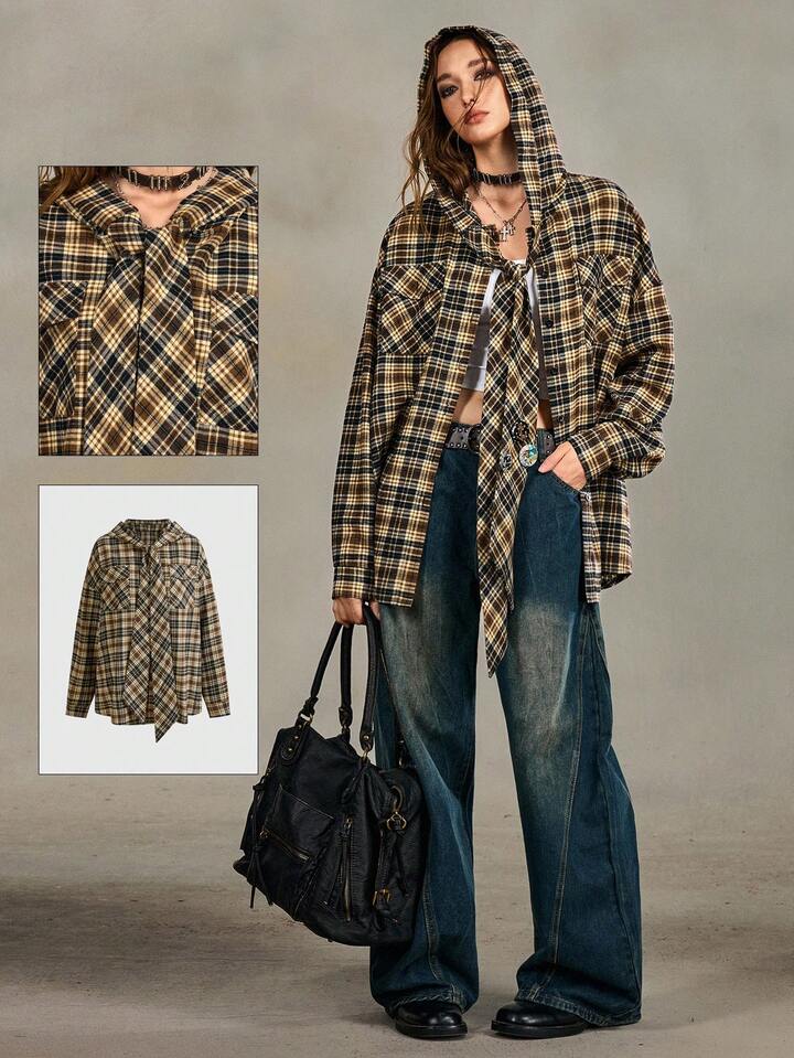 EDITION Y2K Punk Street Vintage Plaid Oversized Hoodie Shirt