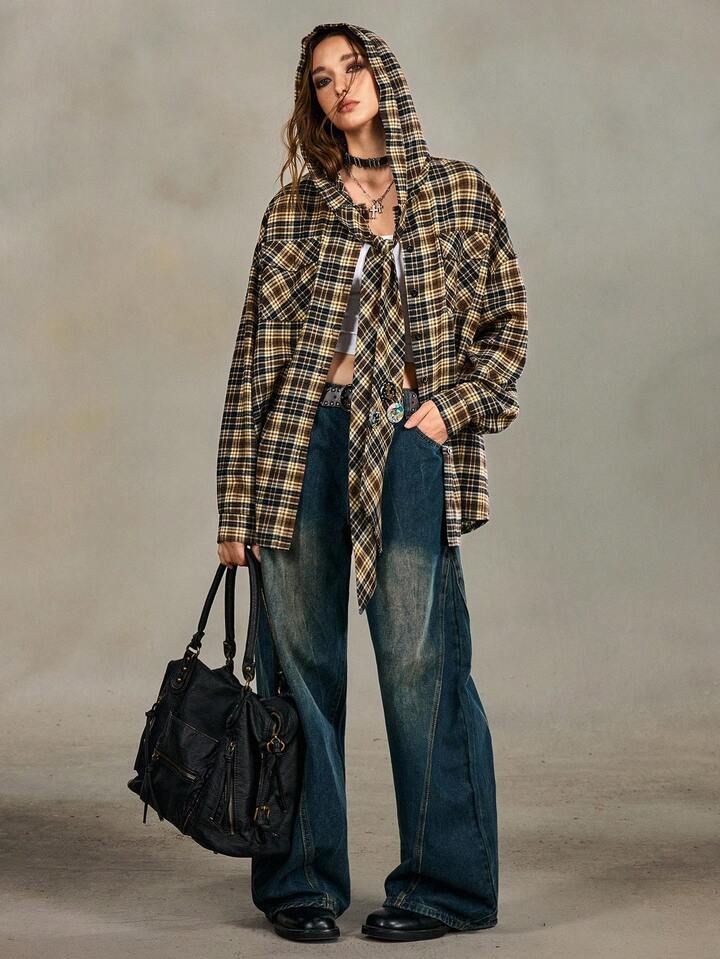 EDITION Y2K Punk Street Vintage Plaid Oversized Hoodie Shirt