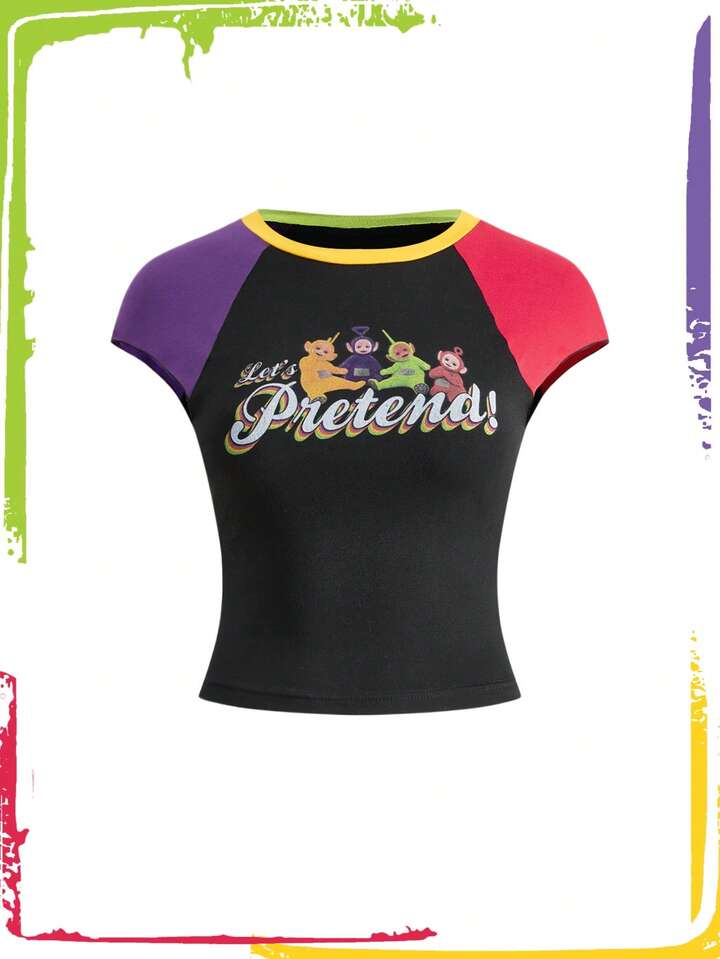 Teletubbies X ROMWE Women's Fashionable Contrast Color Cartoon Pattern Fitted T-Shirt, Summer