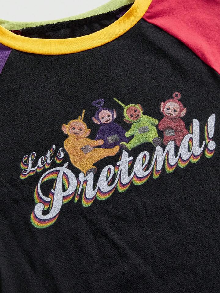 Teletubbies X ROMWE Women's Fashionable Contrast Color Cartoon Pattern Fitted T-Shirt, Summer