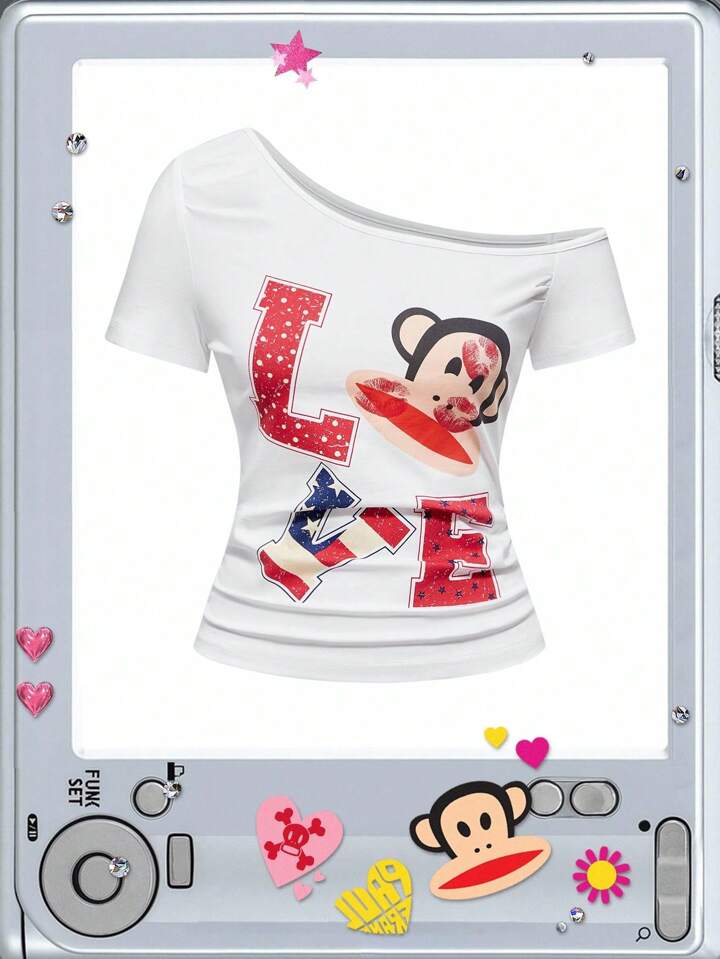 Paul Frank X ROMWE Women Y2K American Flag LOVE Print Asymmetric Shoulder Fitted T-Shirt