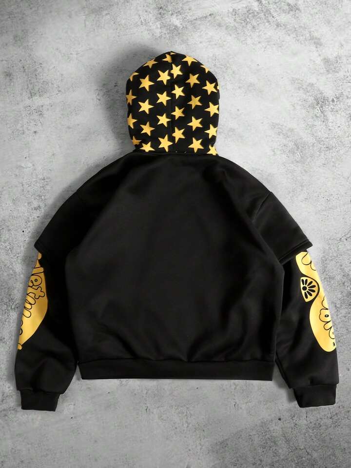 Teletubbies X ROMWE Men's Casual Cartoon & Star Print Loose Fit Hoodie, Autumn