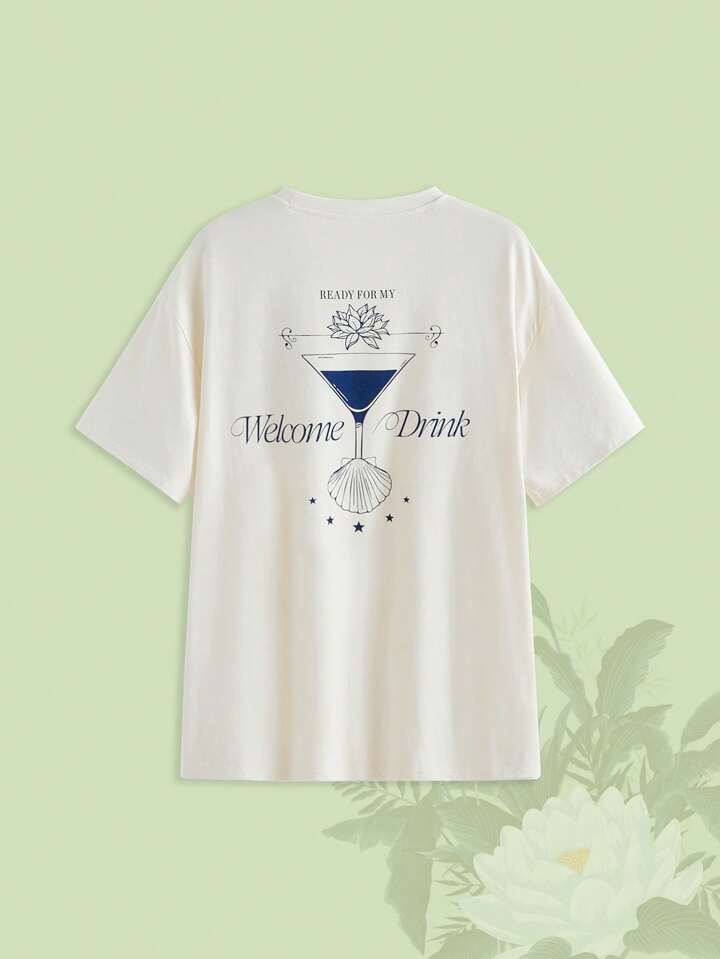 The White Lotus Women Summer Casual Letter And Flower Print Round Neck Short Sleeve T-Shirt