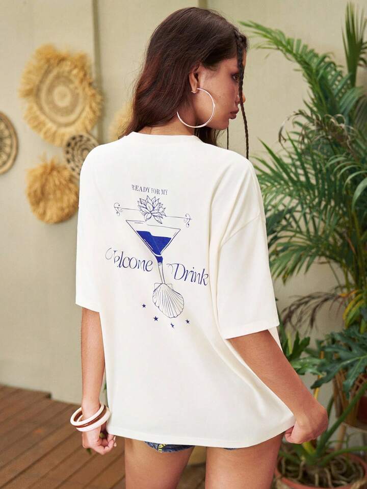 The White Lotus Women Summer Casual Letter And Flower Print Round Neck Short Sleeve T-Shirt