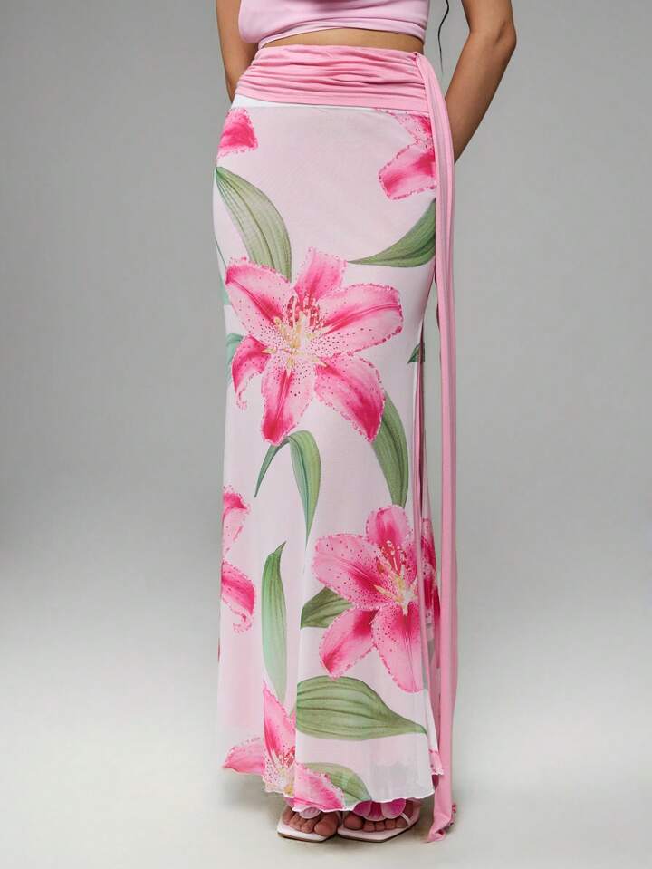 ROMWE Avant 2 Pieces Set Y2K Low Waist Mermaid Skirt With Lily Flower Decor For Island Vacation