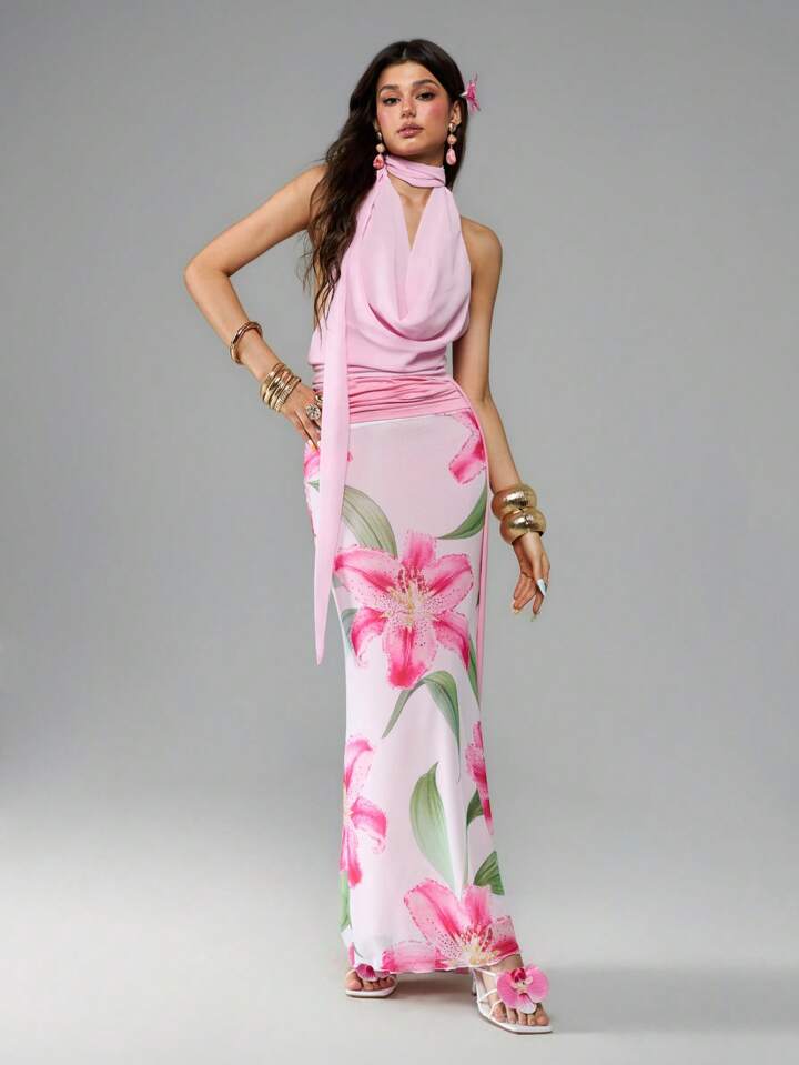 ROMWE Avant 2 Pieces Set Y2K Low Waist Mermaid Skirt With Lily Flower Decor For Island Vacation