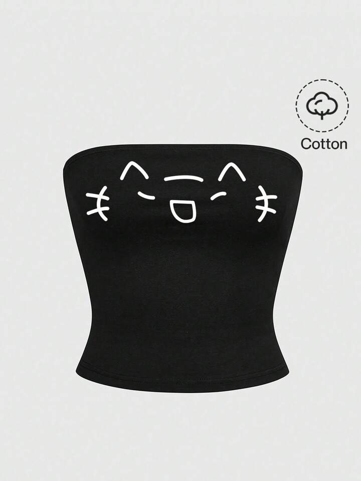 Grunge Punk Cute Emoticon Anime Black Cotton Camisole Top For Women