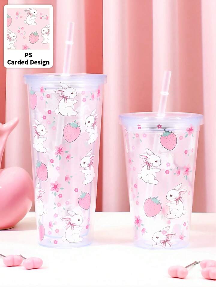 1pc Cold Drink Juice Cup,450ml Or 600ml Transparent With Flat Lid, Double-Layer Straw Cup, Juice Cup With Straw, Transparent Bow Pattern Cup, Kawaii Style