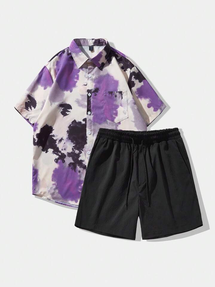 2pcs Men's Casual Printed Short Sleeve Shirt And Shorts Set, Spring Summer, School