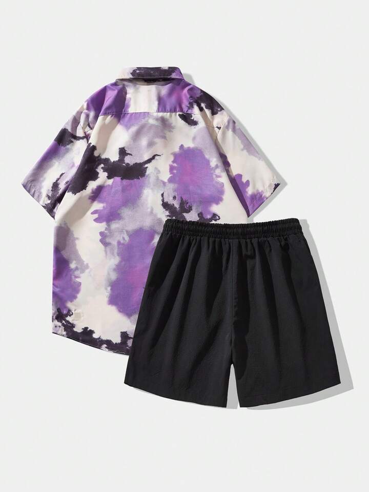 2pcs Men's Casual Printed Short Sleeve Shirt And Shorts Set, Spring Summer, School