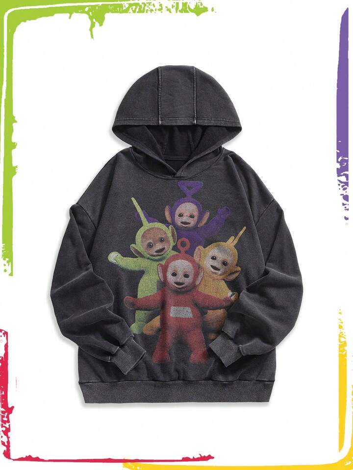Teletubbies X ROMWE Women's Casual Cartoon Pattern Distressed Vintage Sweatshirt, Autumn