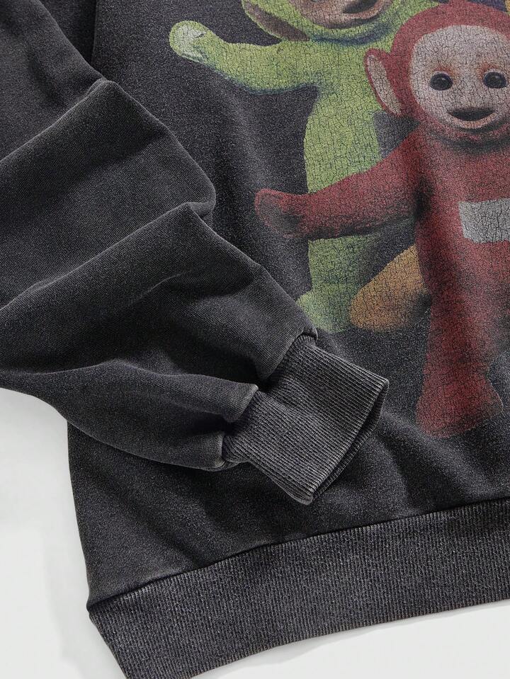 Teletubbies X ROMWE Women's Casual Cartoon Pattern Distressed Vintage Sweatshirt, Autumn 4 Teletubbies X ROMWE Women's Casual Cartoon Pattern Distressed Vintage Sweatshirt, Autumn