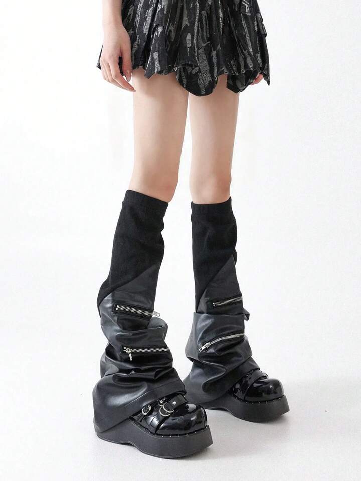 1 Pair Dark Goth Punk Zipper Pocket Faux Leather Leg Warmers, Y2K Baddie Streetwear Fashion, Minimalist Wild Style Suitable For College, Shopping, Party, Halloween, Music Festival