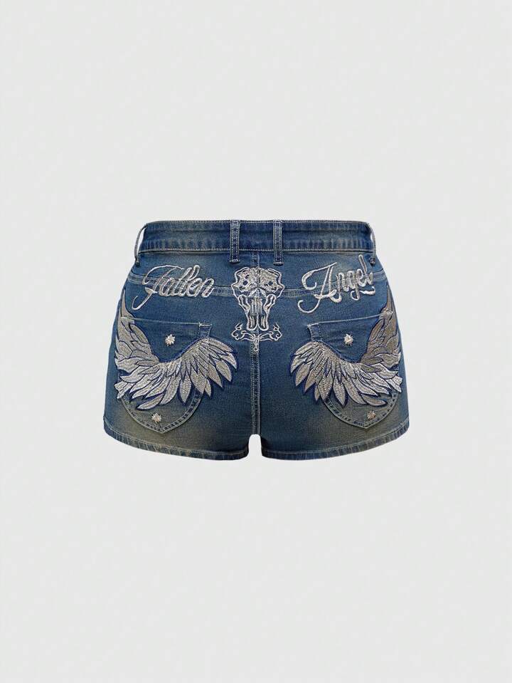 Fairycore Plus Size Vintage Music Festival Y2K Skeleton Wings Embroidered Low-Waisted Shorts