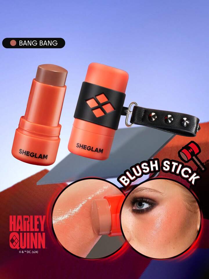 Harley Quinn X SHEGLAM Mischief Mallet Blush Stick-Bang Bangwatery Blush Stick Glow Natural Pigment Non-Greasy Blendable Rare Brand Beauty Makeup Face Paint Cosmetic For Women Girls Perfect For Winter Spring Ideal For Y2K Fancy Fashion Suitable For Birthday Gift Party Ready Best Color