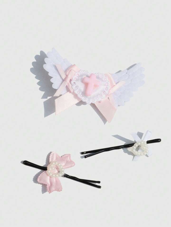 3pcs Winged Bow Cross Hair Clips Set, Cute Girl Headwear, Anime Kawaii Style Soft Girl Hair Accessories, Pink