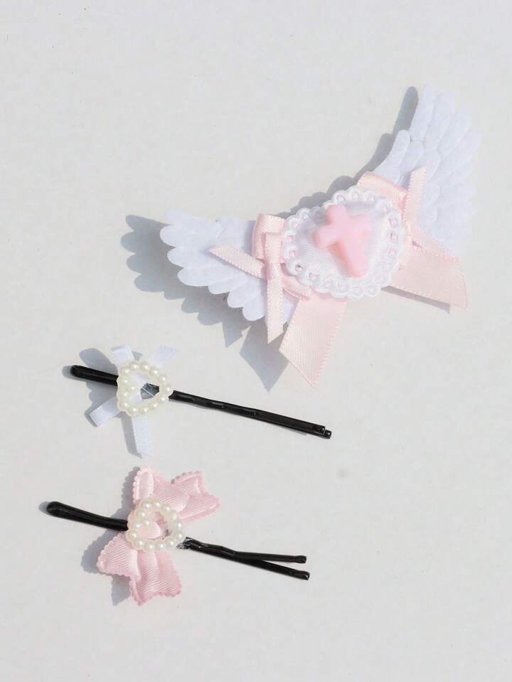 3pcs Winged Bow Cross Hair Clips Set, Cute Girl Headwear, Anime Kawaii Style Soft Girl Hair Accessories, Pink