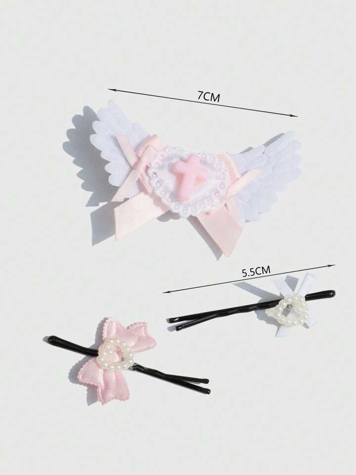 3pcs Winged Bow Cross Hair Clips Set, Cute Girl Headwear, Anime Kawaii Style Soft Girl Hair Accessories, Pink