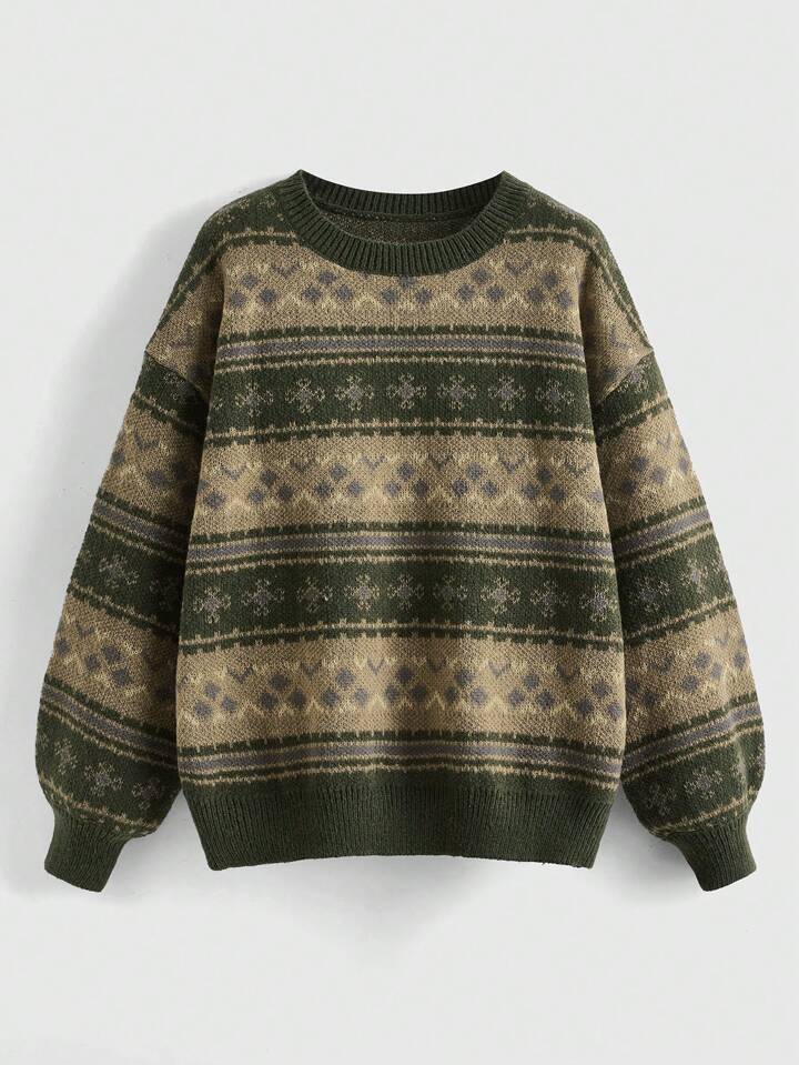 Fairycore Geometric Pattern Drop Shoulder Sweater, School,Long Sleeve Tops