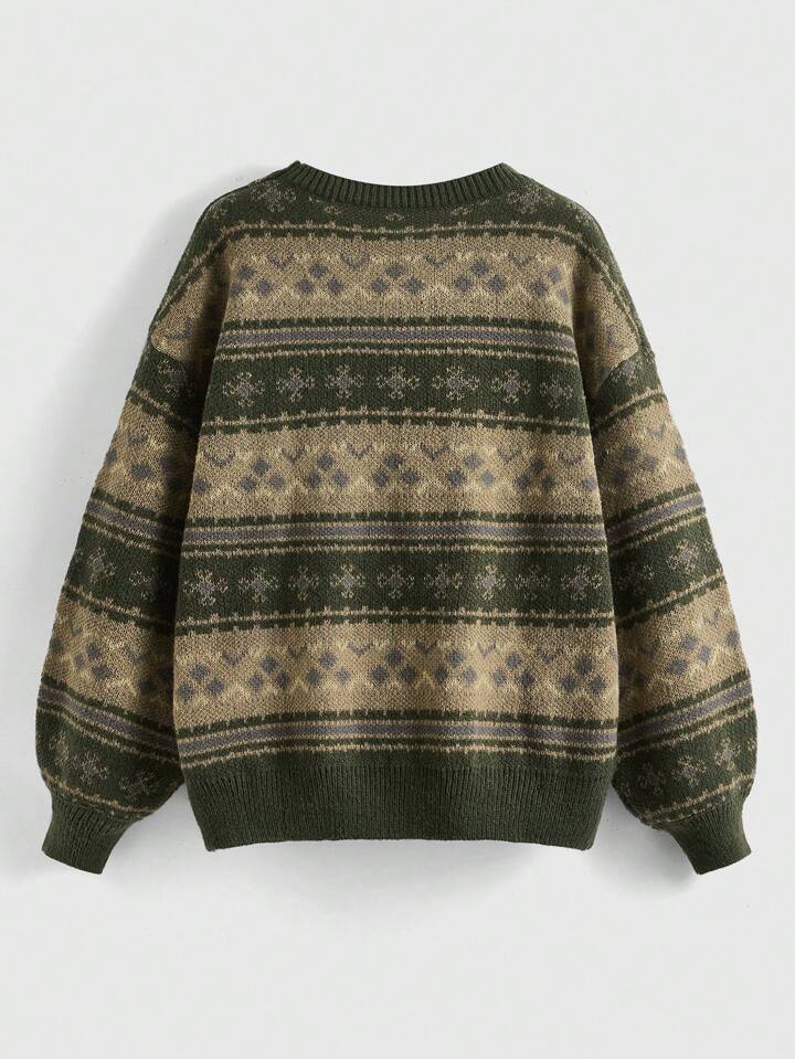 Fairycore Geometric Pattern Drop Shoulder Sweater, School,Long Sleeve Tops