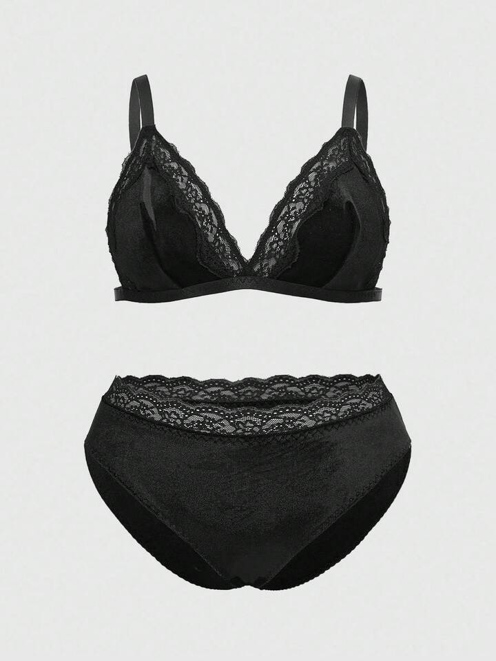 Plus Size Gothic Lace Velvet Trim Bralette & Panty Set