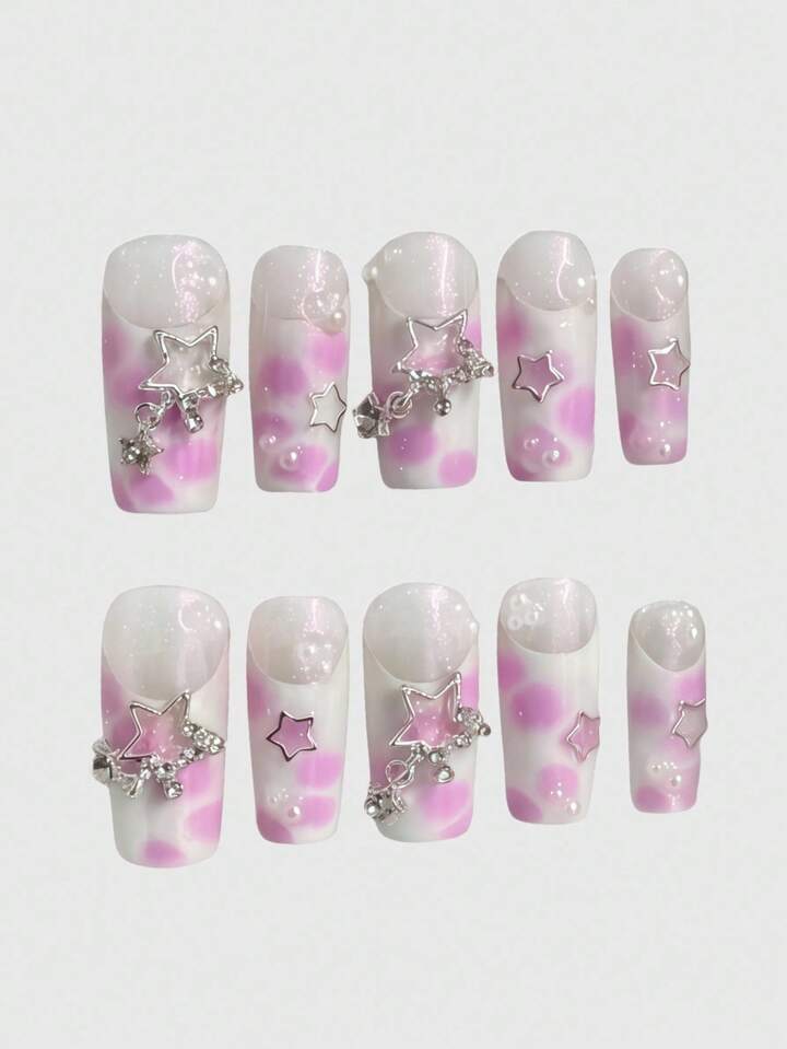 Kawaii Y2K Punk Style Pink Metallic Star French Polka Dot Animal Print Long Handmade False Nails, Pink Sweet & Hot Girls