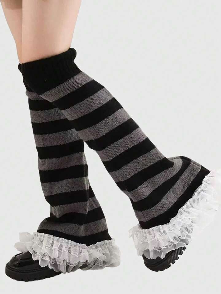 Anime 1 Pair Black & Grey Striped Knit Leg Warmers, Y2K Stockings, Fashion Minimalist Subculture Lace Leg Warmers, Warm Accessory Suitable For Casual, School, Vacation, Halloween, Christmas And Other Occasions