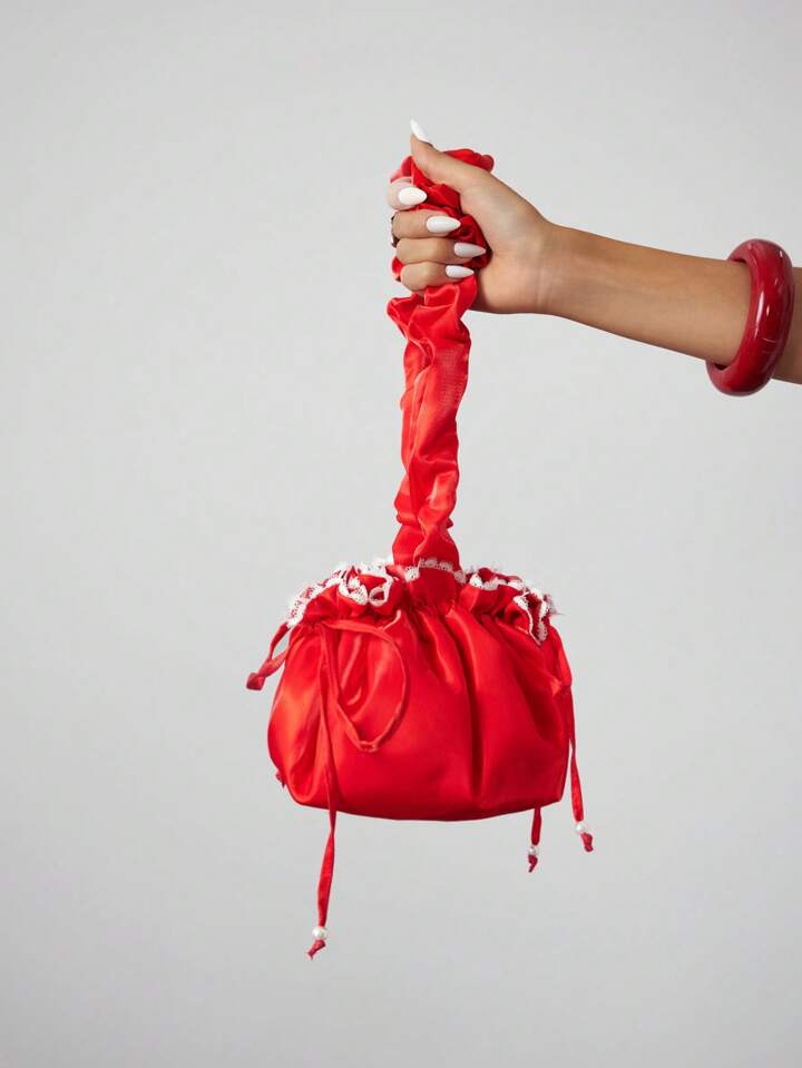 Fairycore Red Satin Pleated Dumpling Shape Handbag Shoulder Bag With White Lace Trim - Elegant Bag For Vacation Travel Outfits