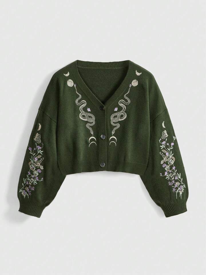 Dark Gothic Snake Skin Embroidery Plus Size Cardigan Sweater, Olive Green Women Cardigan Sweater