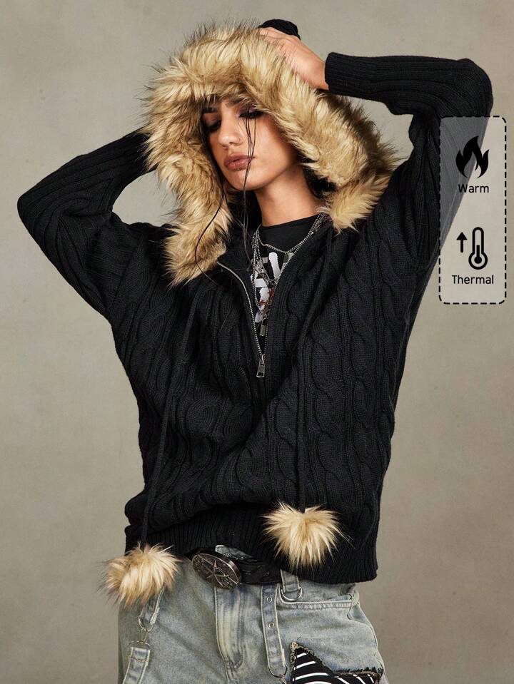 Grunge Punk Vintage Ruffled Detail Women Zippered Open Front Oversized Hooded Cardigan, Autumn/Winter