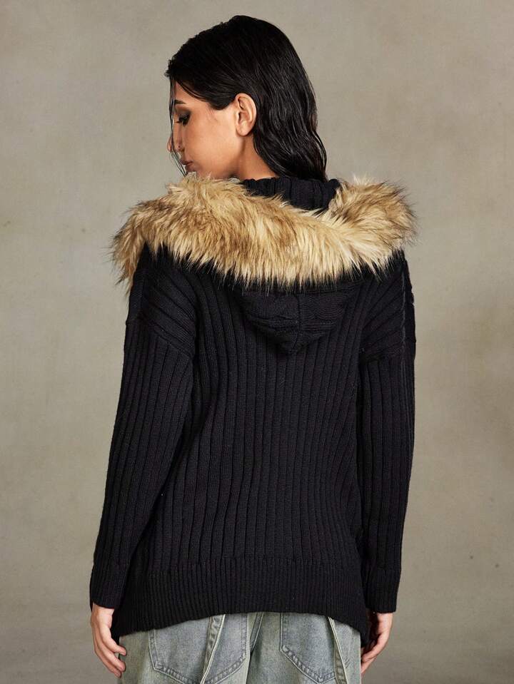 Grunge Punk Vintage Ruffled Detail Women Zippered Open Front Oversized Hooded Cardigan, Autumn/Winter