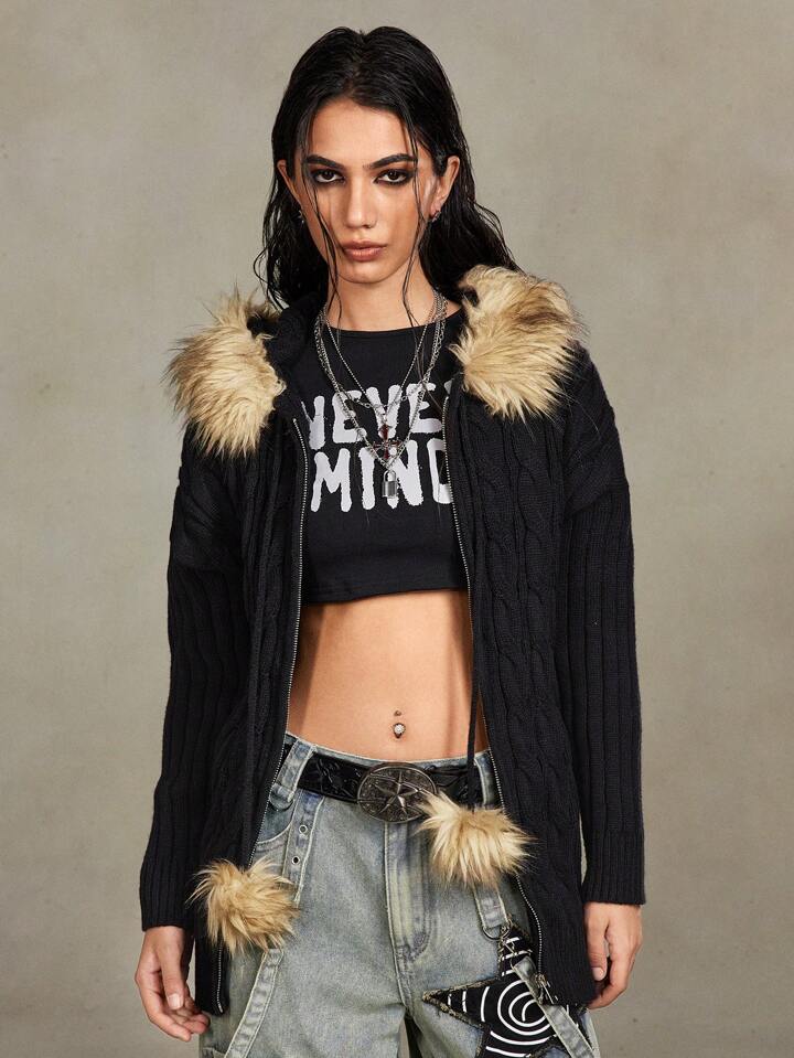Grunge Punk Vintage Ruffled Detail Women Zippered Open Front Oversized Hooded Cardigan, Autumn/Winter