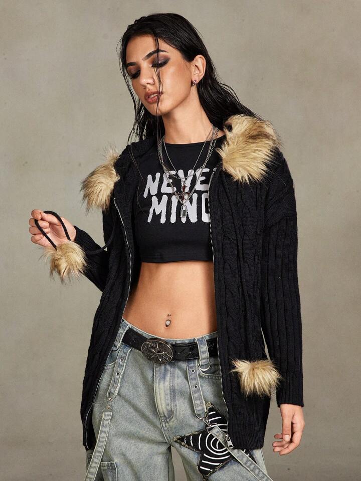 Grunge Punk Vintage Ruffled Detail Women Zippered Open Front Oversized Hooded Cardigan, Autumn/Winter