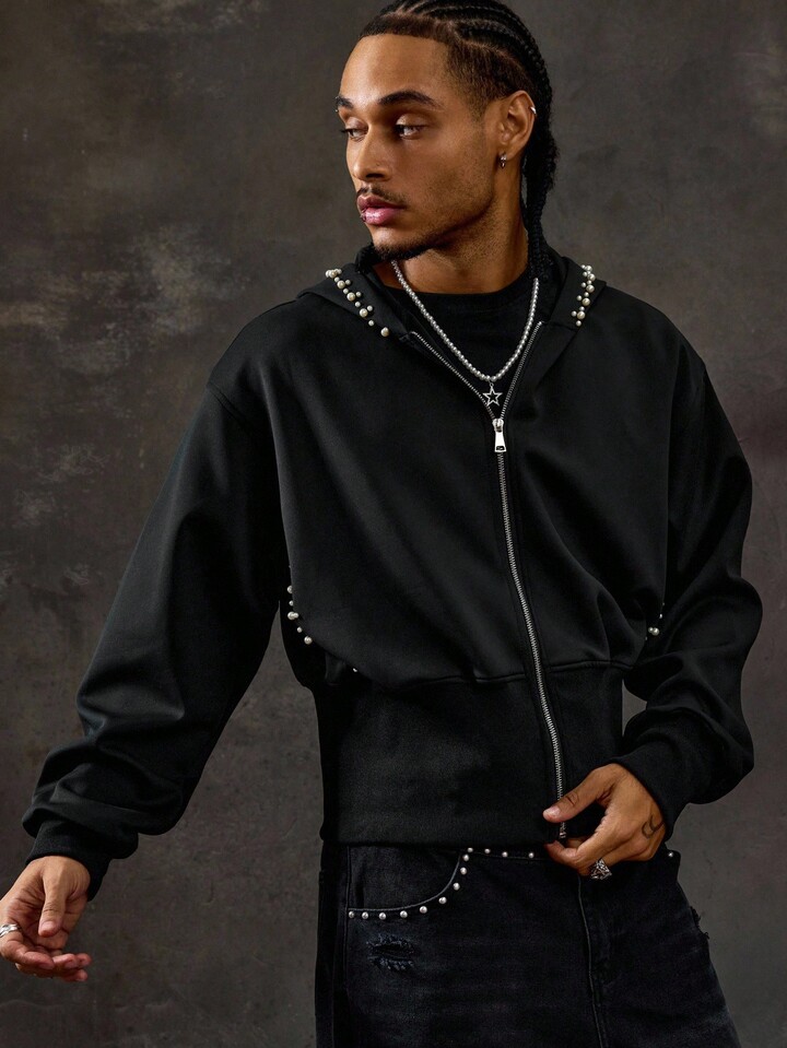 Prep Men's Streetwear Casual Zip-Up Beaded Embroidery Hoodie, Fall