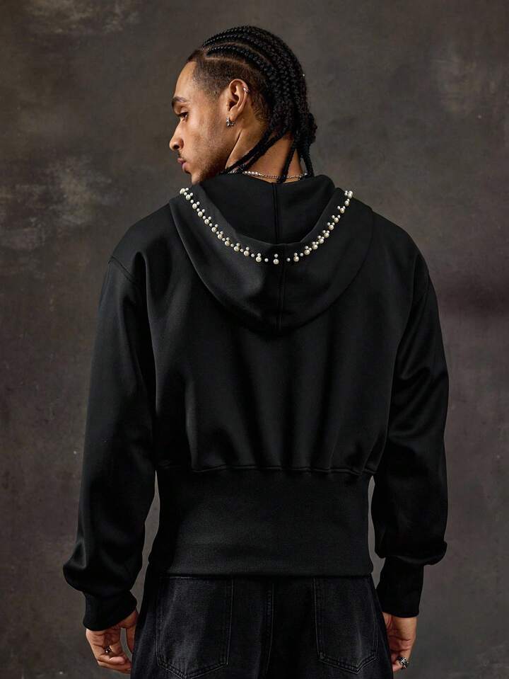 Prep Men's Streetwear Casual Zip-Up Beaded Embroidery Hoodie, Fall