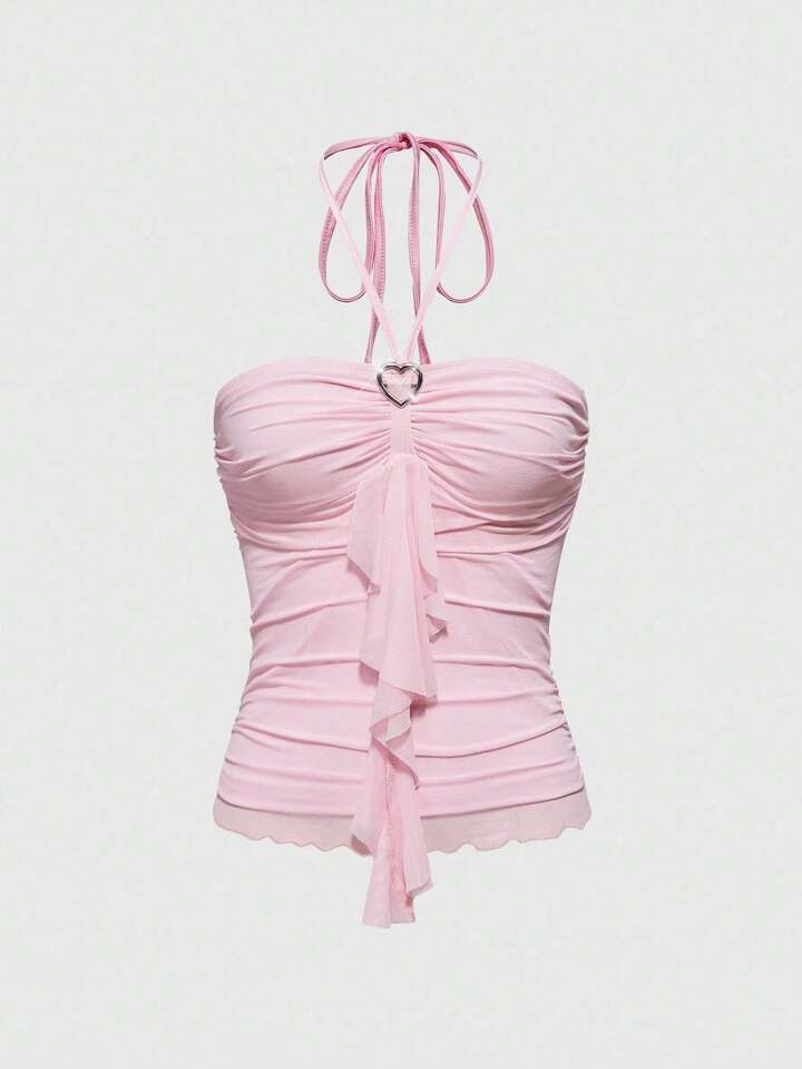 Kawaii Women's Heart Decor Ruched Splice Tie Neck Fitted Camisole